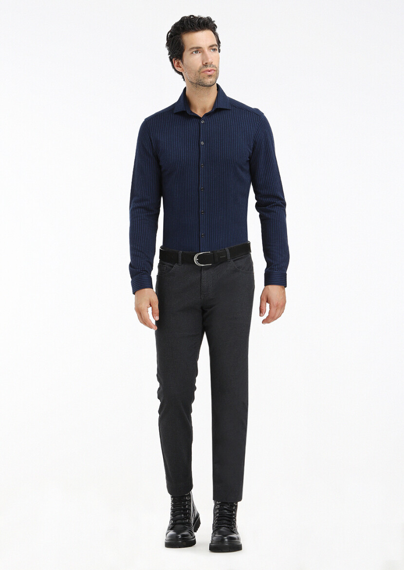 Navy Blue Striped Slim Fit Long Knitting Casual 100% Cotton Shirt - 1