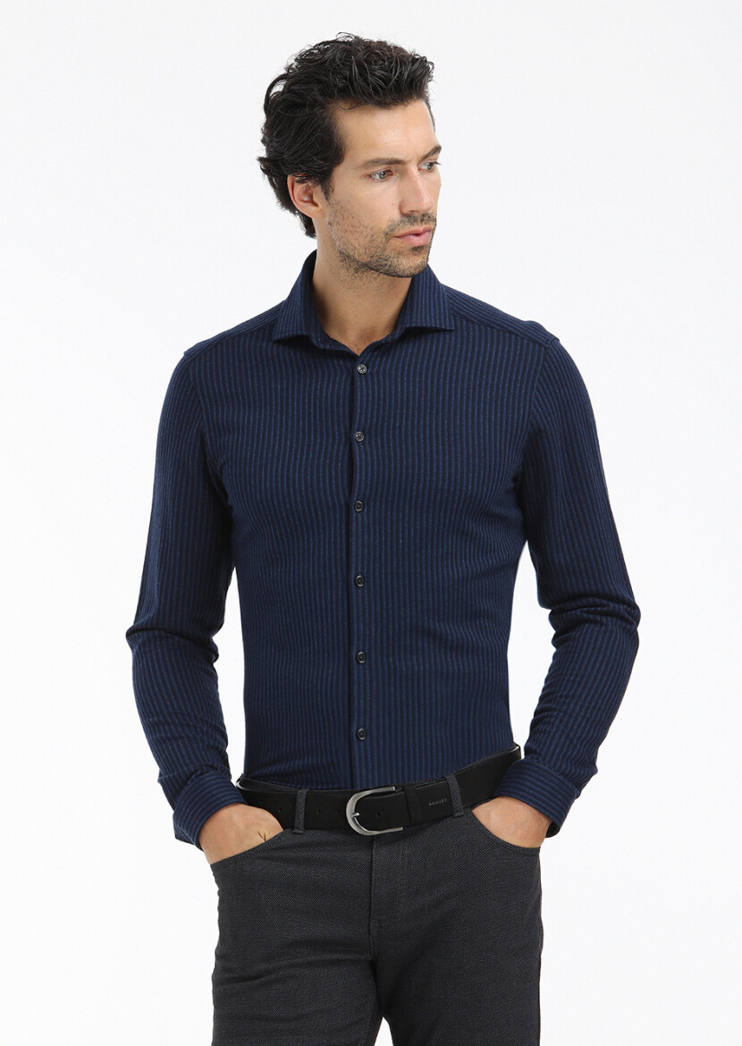 Navy Blue Striped Slim Fit Long Knitting Casual 100% Cotton Shirt - 2