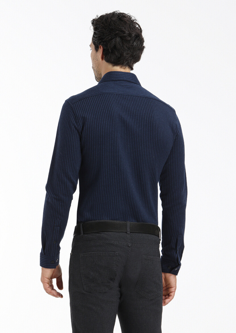 Navy Blue Striped Slim Fit Long Knitting Casual 100% Cotton Shirt - 4