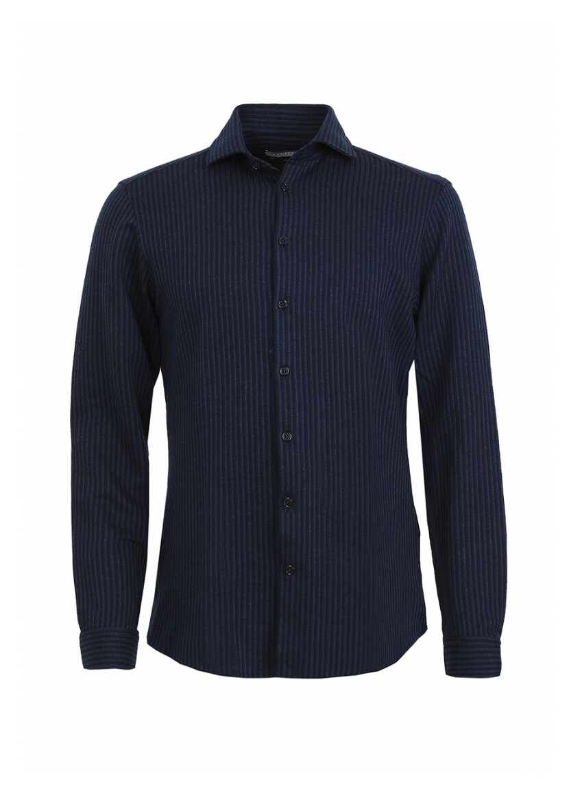 Navy Blue Striped Slim Fit Long Knitting Casual 100% Cotton Shirt - 5