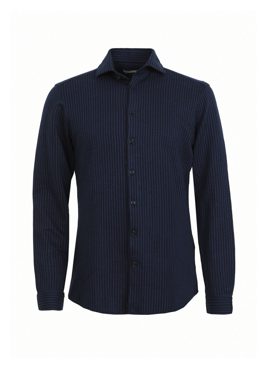 Navy Blue Striped Slim Fit Long Knitting Casual 100% Cotton Shirt - 5