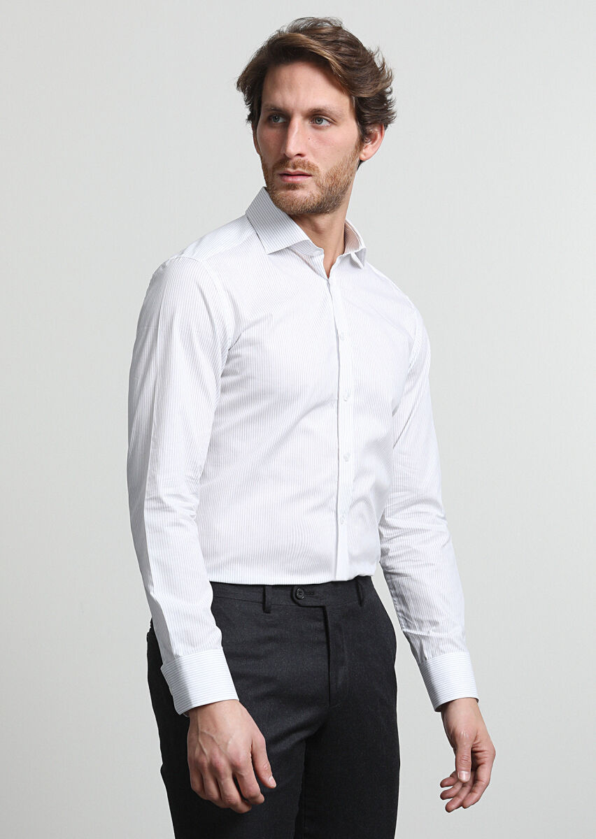 Navy Blue Striped Slim Fit Long Weaving Classical 100% Cotton Shirt - 1
