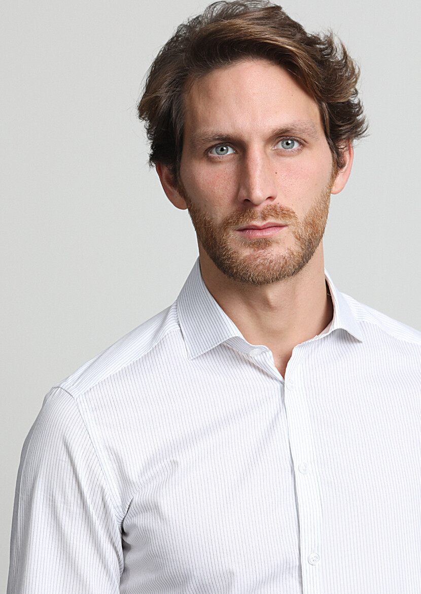 Navy Blue Striped Slim Fit Long Weaving Classical 100% Cotton Shirt - 2