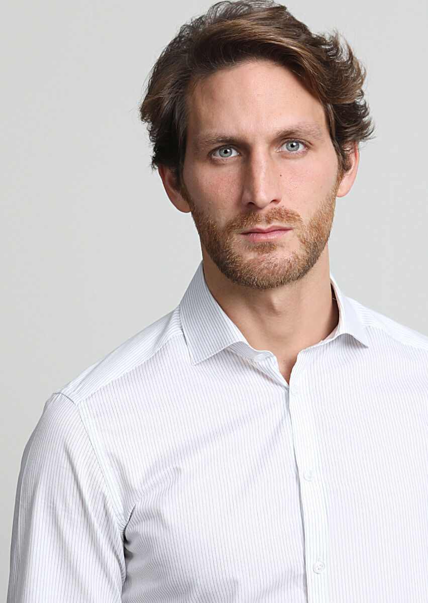 Navy Blue Striped Slim Fit Long Weaving Classical 100% Cotton Shirt - 2