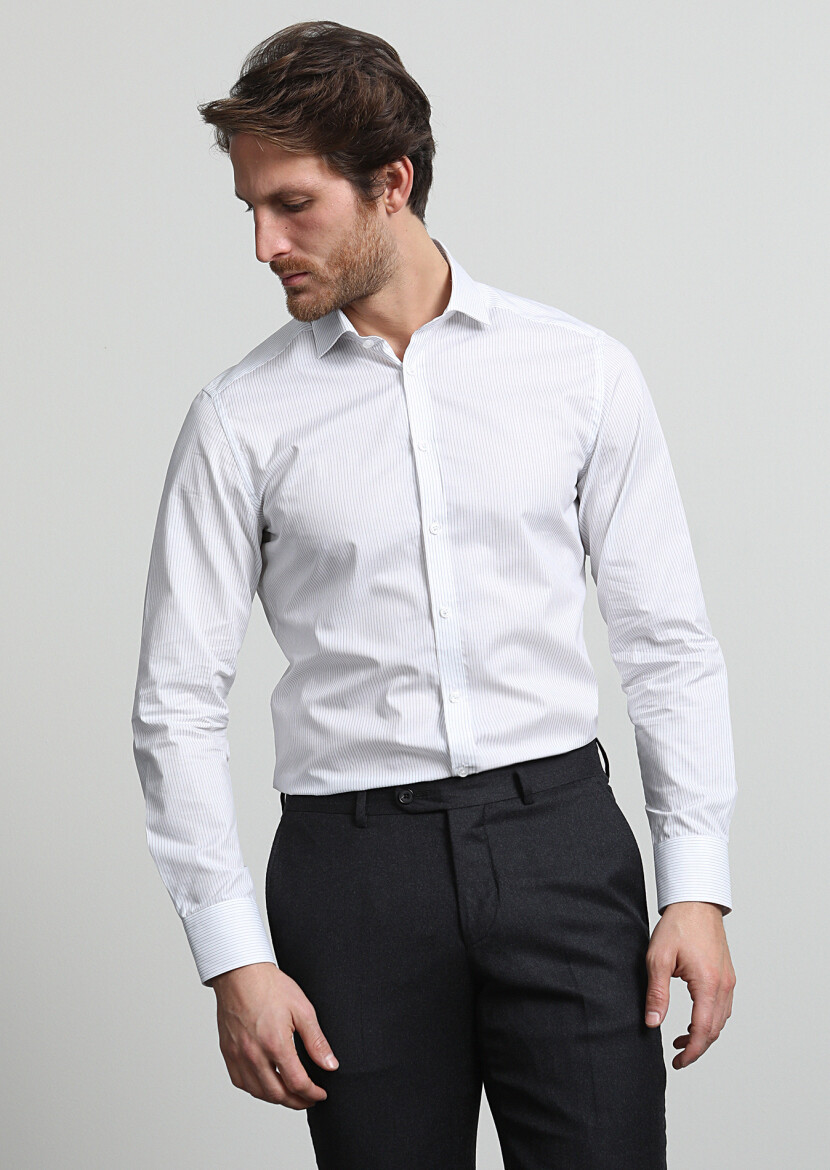 Navy Blue Striped Slim Fit Long Weaving Classical 100% Cotton Shirt - 3