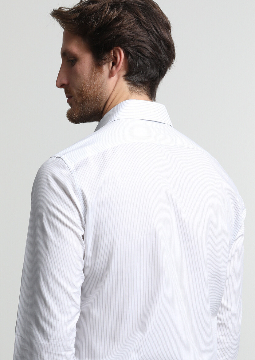 Navy Blue Striped Slim Fit Long Weaving Classical 100% Cotton Shirt - 4