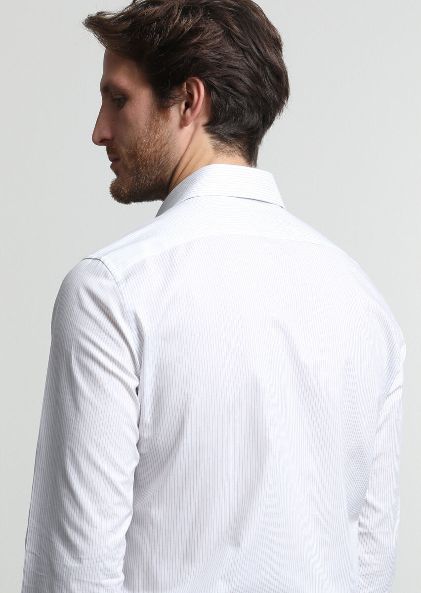 Navy Blue Striped Slim Fit Long Weaving Classical 100% Cotton Shirt - 4