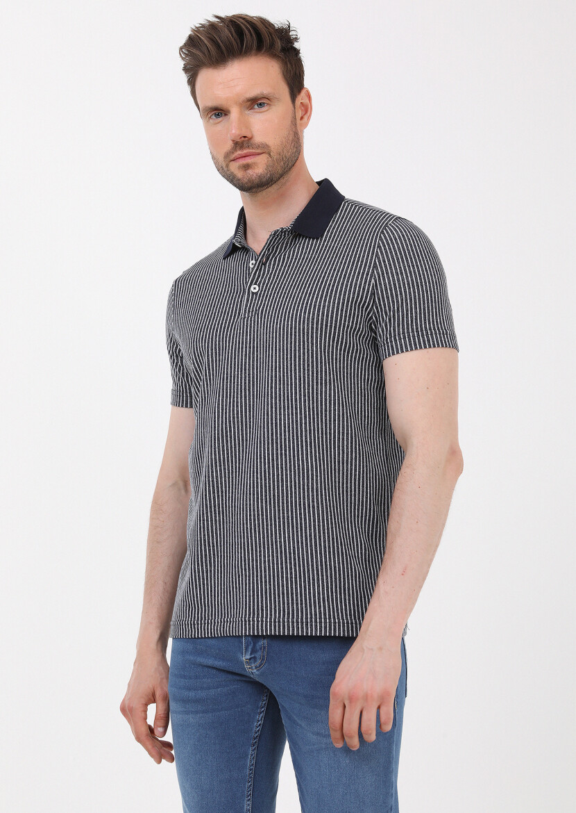 Navy Blue Striped Slim Fit Short Knitting Casual 100% Cotton Shirt - 1