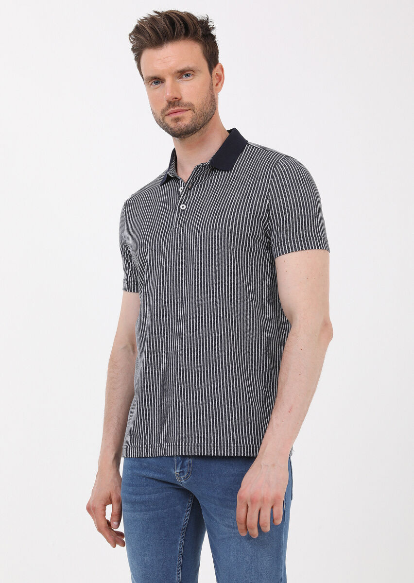 Navy Blue Striped Slim Fit Short Knitting Casual 100% Cotton Shirt - 1