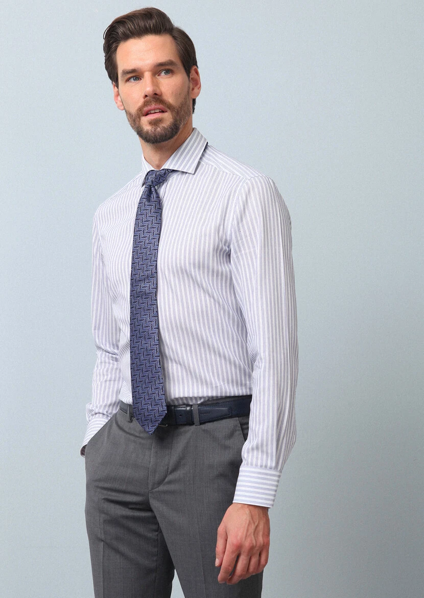 Navy Blue Striped Slim Fit Weaving Classical 100% Cotton Shirt - 1