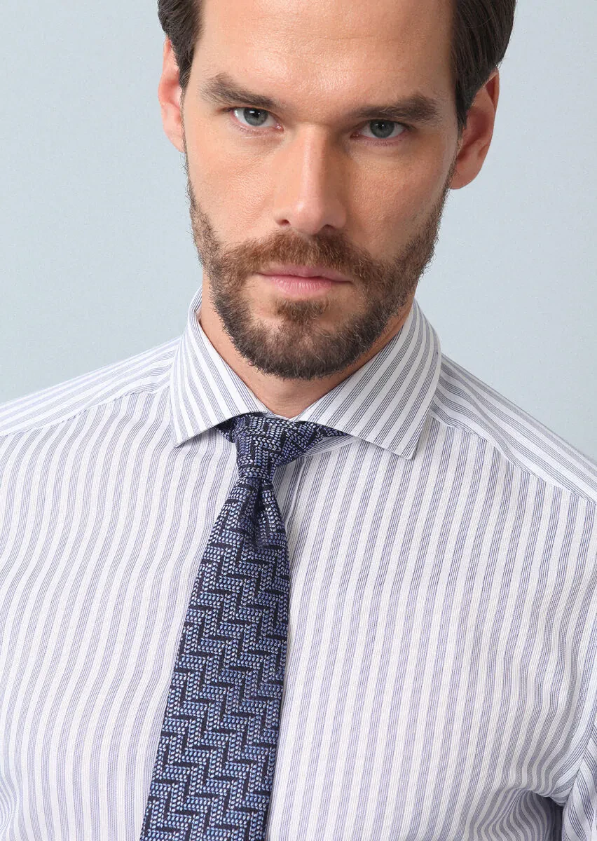 Navy Blue Striped Slim Fit Weaving Classical 100% Cotton Shirt - 2