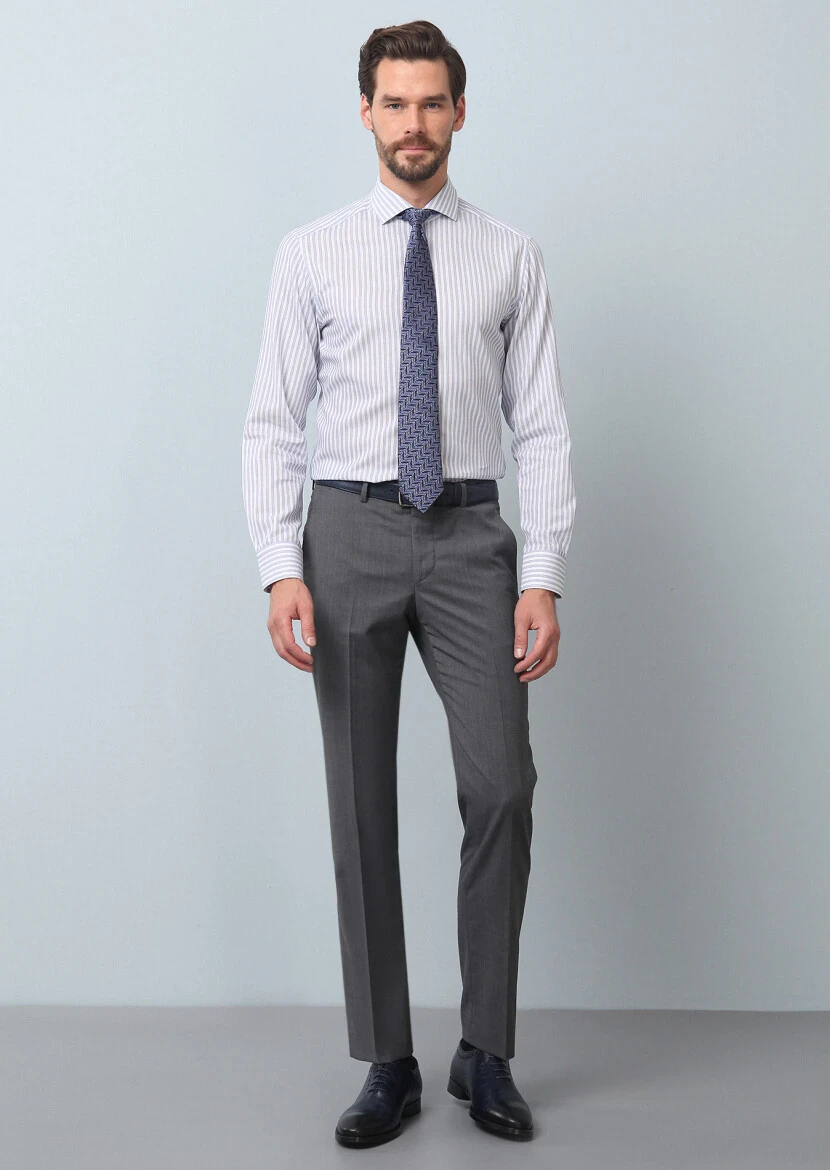 Navy Blue Striped Slim Fit Weaving Classical 100% Cotton Shirt - 4