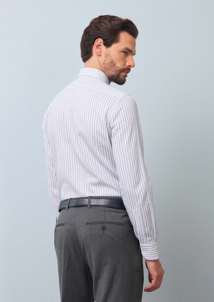 Navy Blue Striped Slim Fit Weaving Classical 100% Cotton Shirt - 5