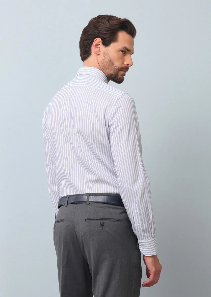 Navy Blue Striped Slim Fit Weaving Classical 100% Cotton Shirt - 5