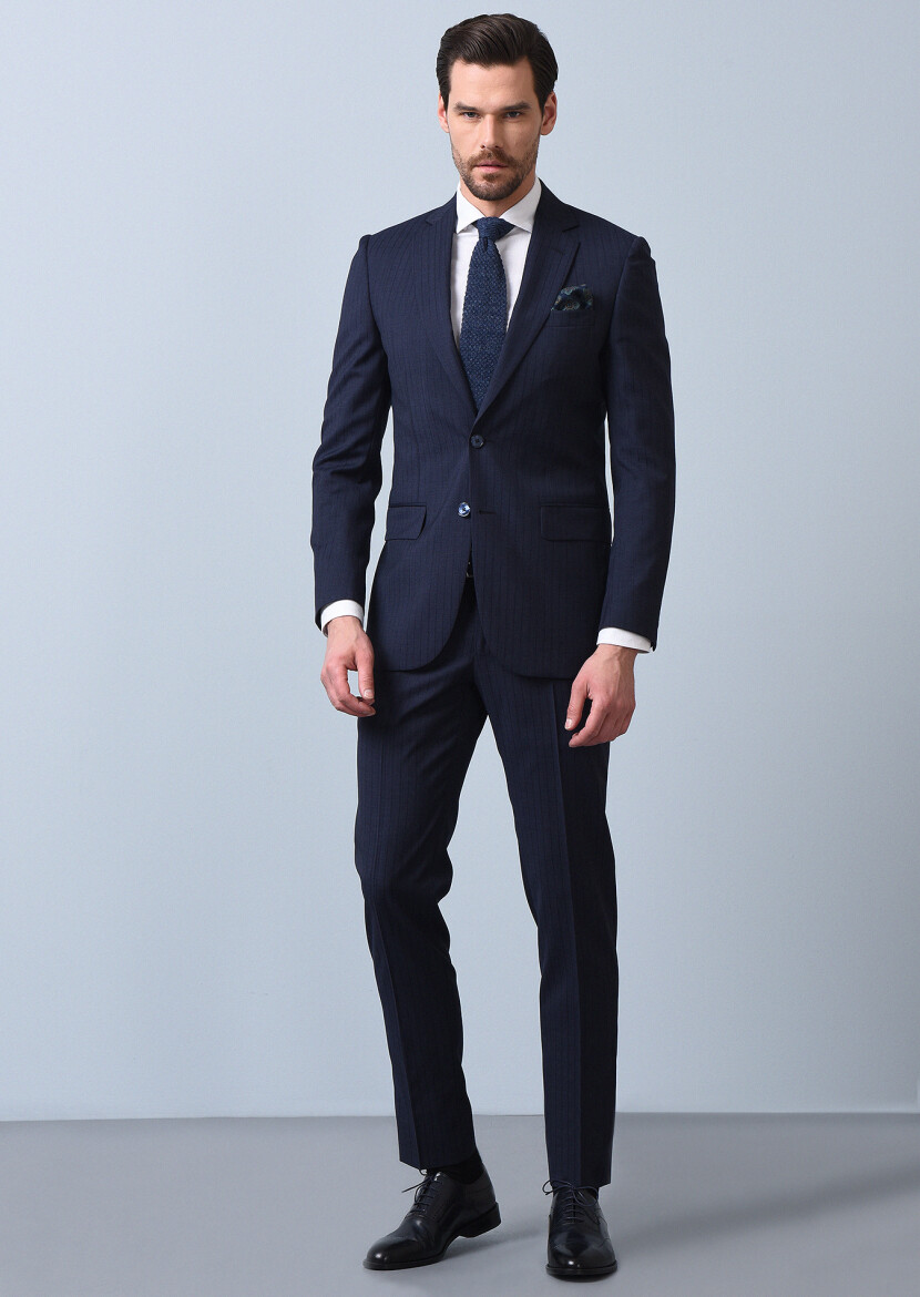 Navy Blue Striped Thin&Taller Slim Fit 100% Wool Suit - 1
