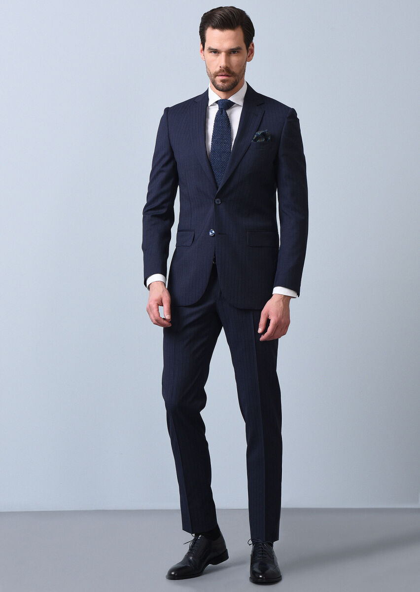 Navy Blue Striped Thin&Taller Slim Fit 100% Wool Suit - 1