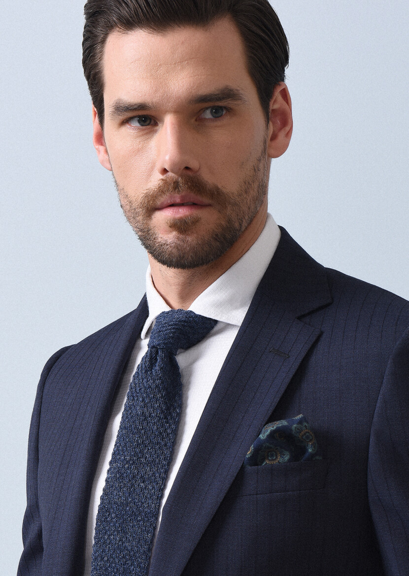 Navy Blue Striped Thin&Taller Slim Fit 100% Wool Suit - 2