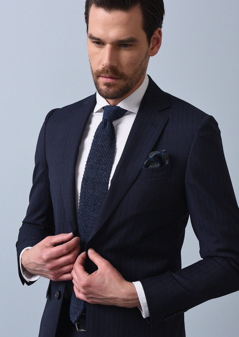 Navy Blue Striped Thin&Taller Slim Fit 100% Wool Suit - 3