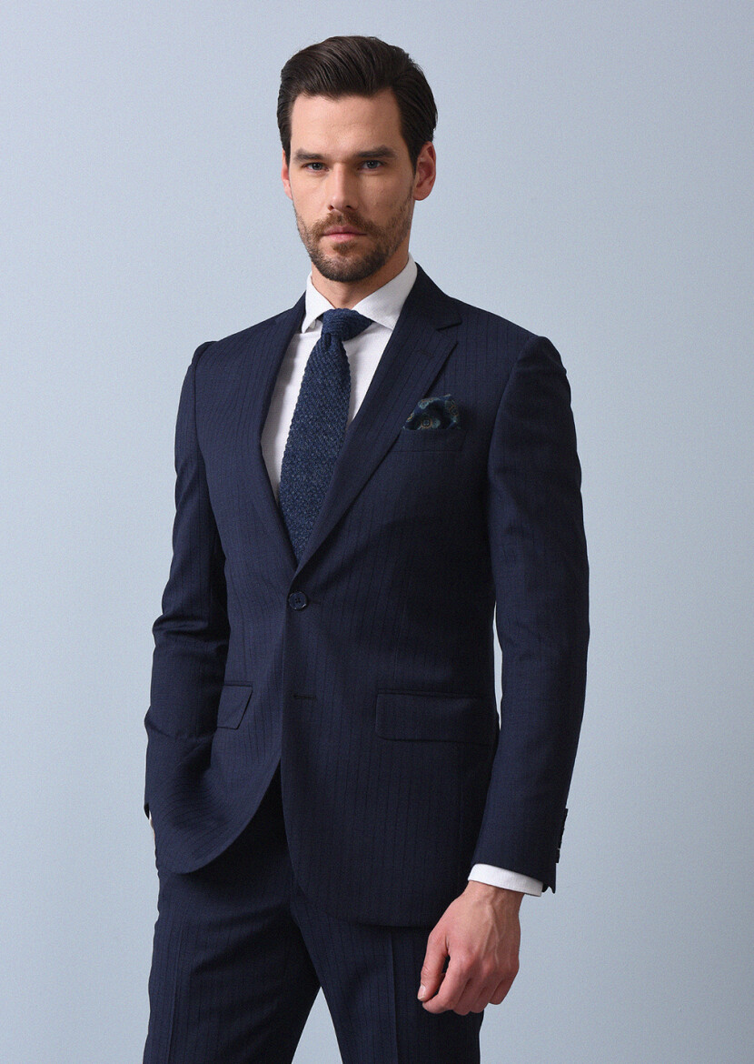 Navy Blue Striped Thin&Taller Slim Fit 100% Wool Suit - 4
