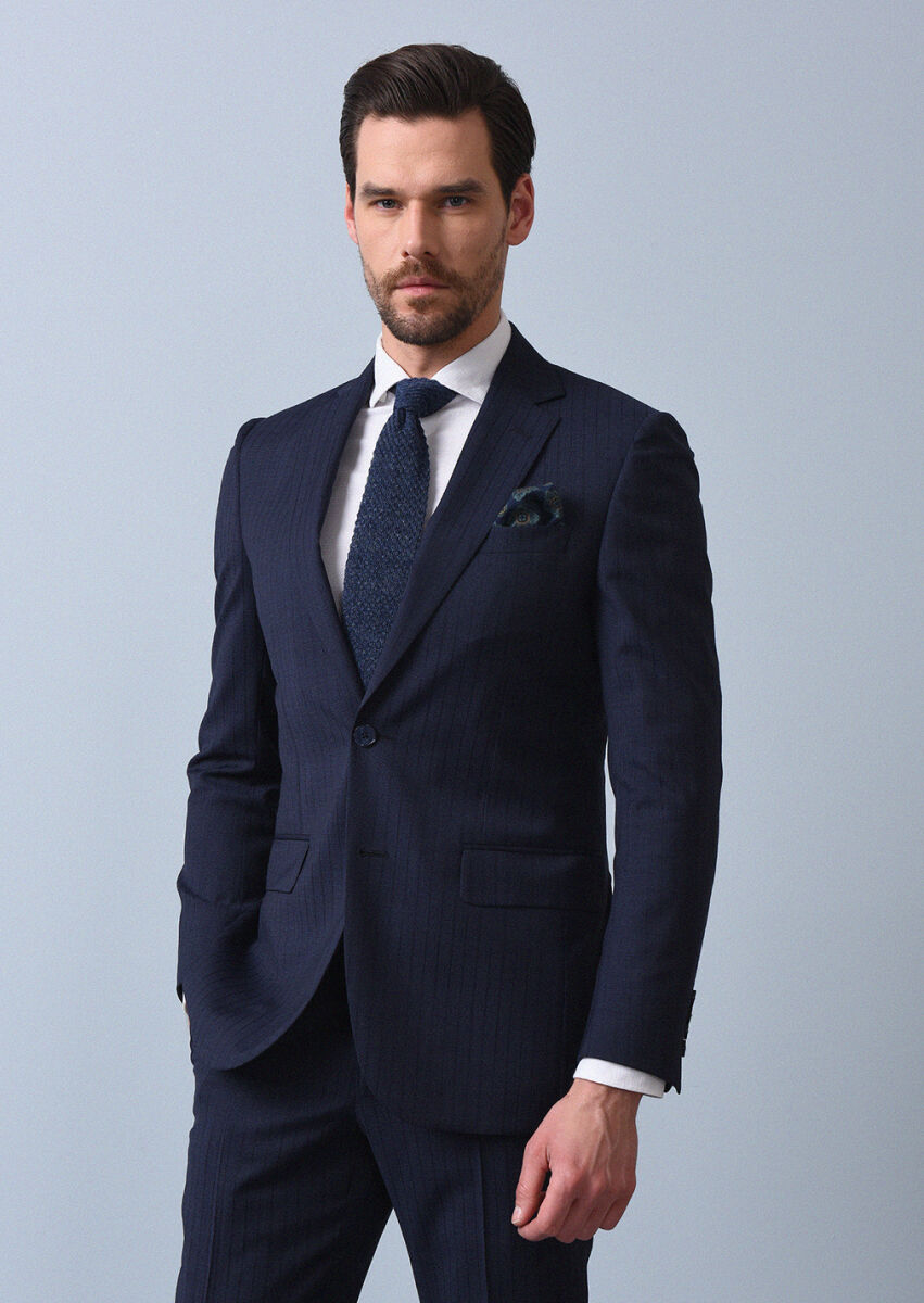 Navy Blue Striped Thin&Taller Slim Fit 100% Wool Suit - 4