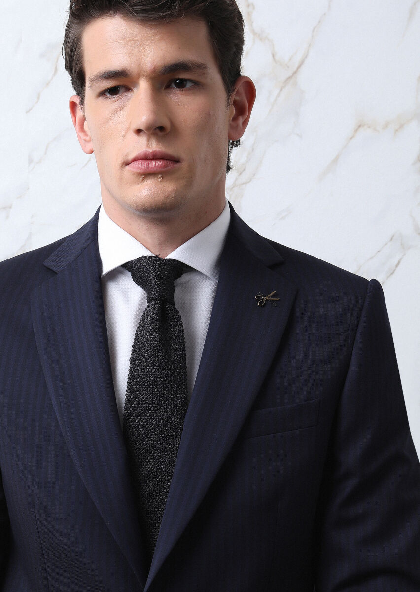 Navy Blue Striped Thin&Taller Slim Fit 100% Wool Suit - 4