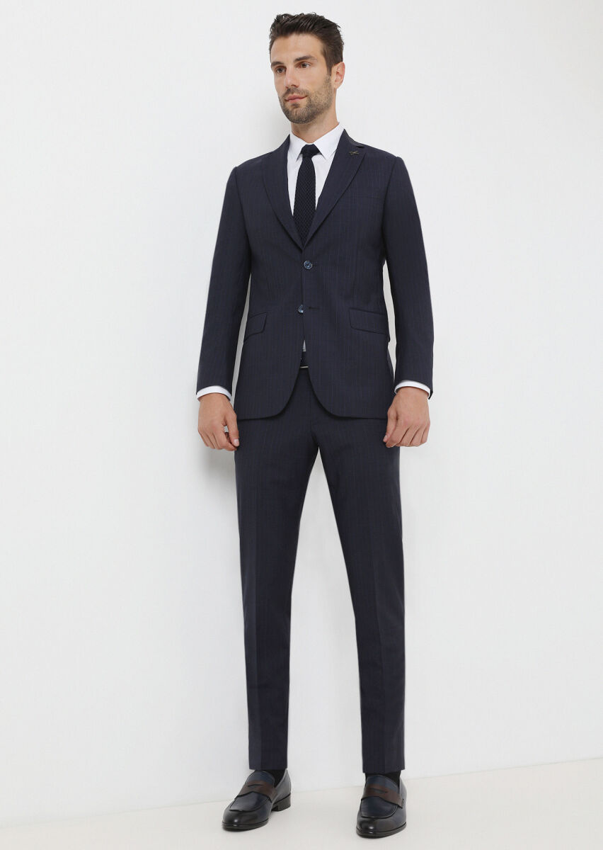 Navy Blue Striped Thin&Taller Slim Fit 100% Wool Suit - 1