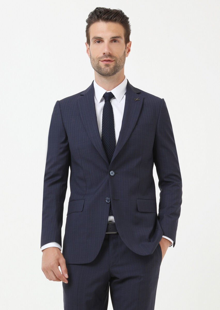 Navy Blue Striped Thin&Taller Slim Fit 100% Wool Suit - 2