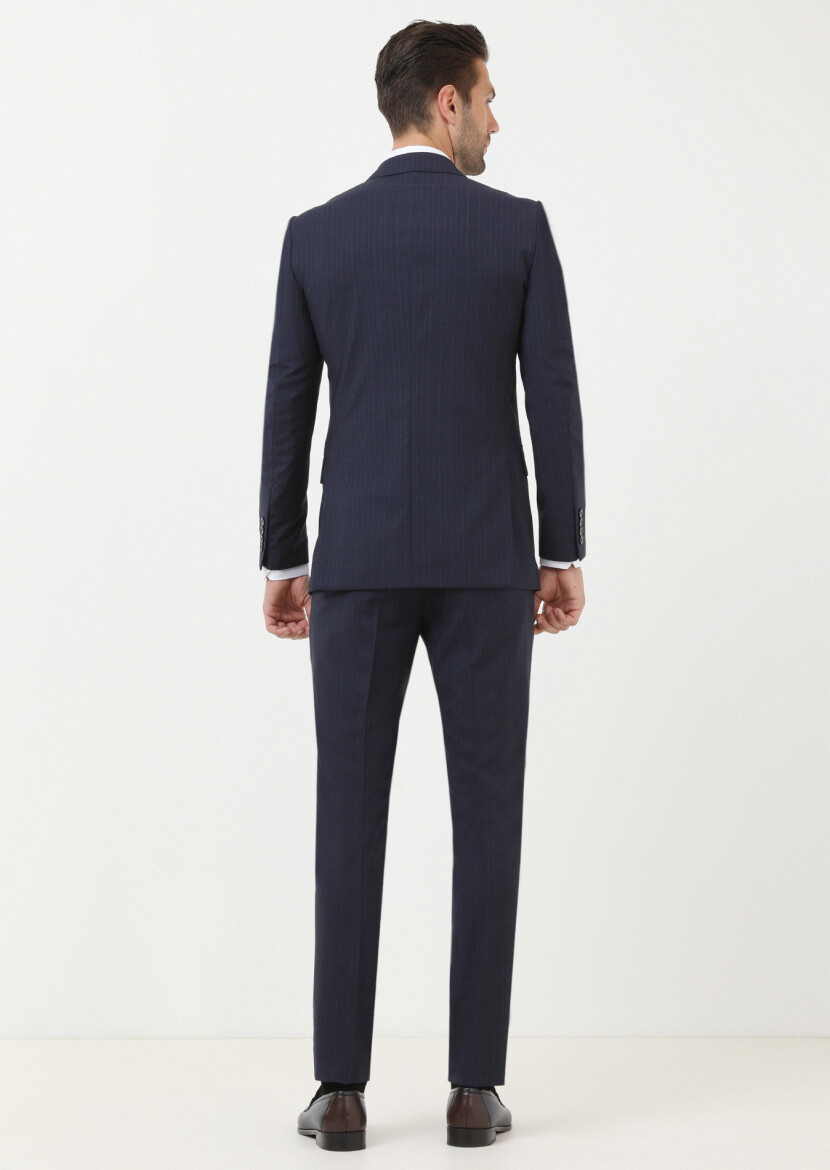 Navy Blue Striped Thin&Taller Slim Fit 100% Wool Suit - 4