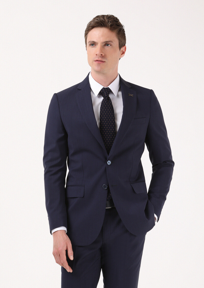 Navy Blue Striped Thin&Taller Slim Fit 100% Wool Suit - 1