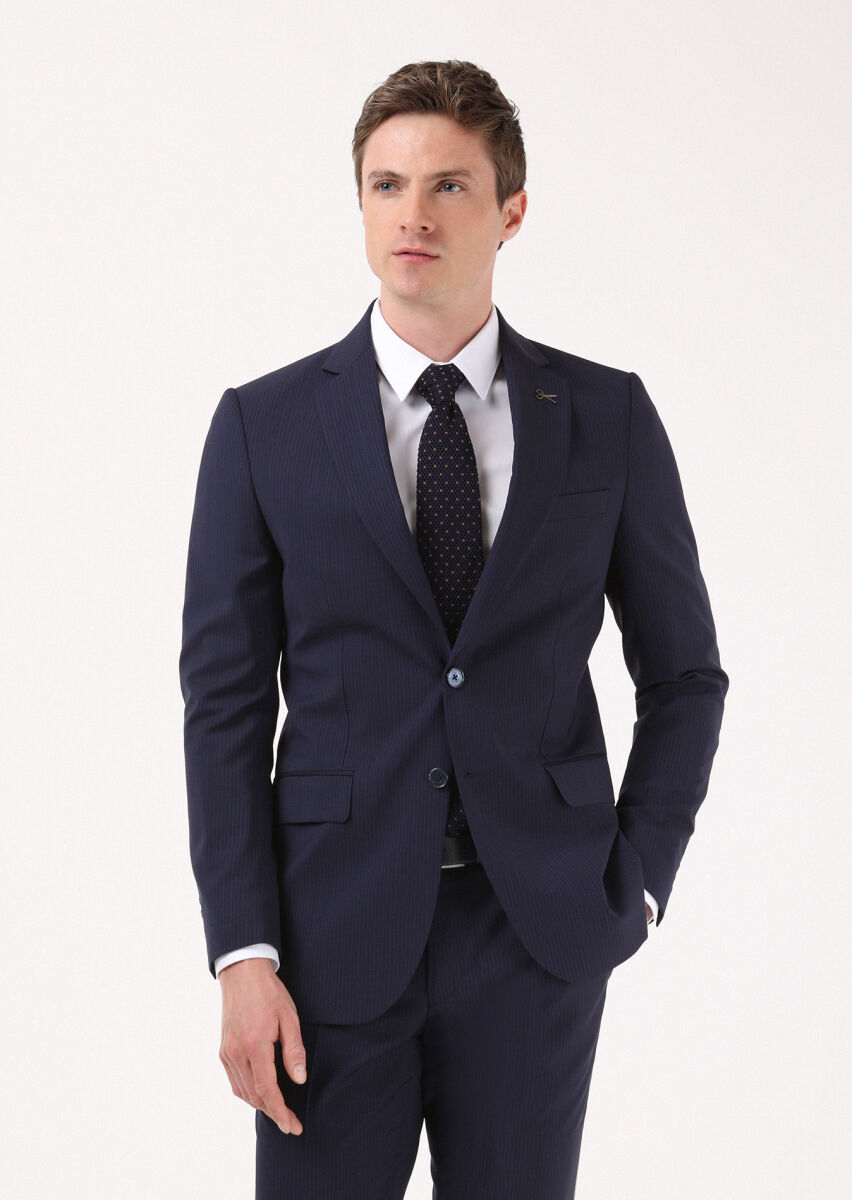 Navy Blue Striped Thin&Taller Slim Fit 100% Wool Suit - 1