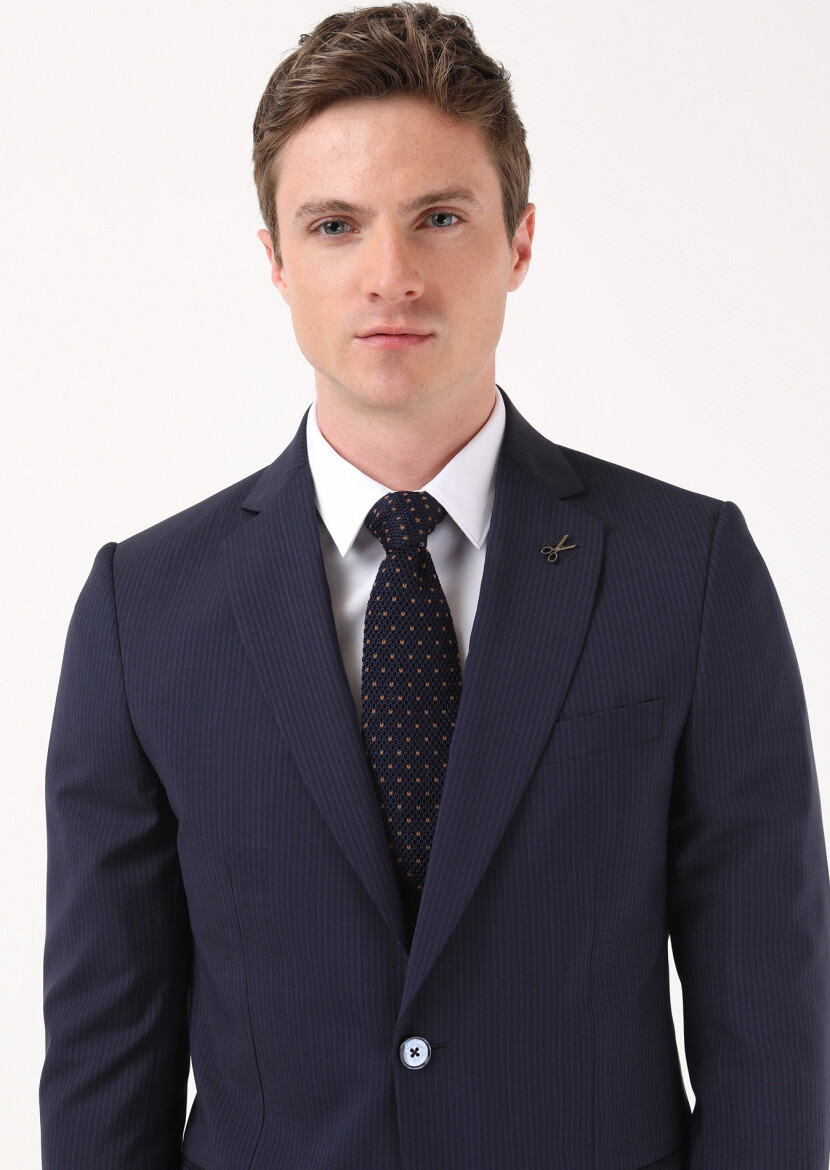Navy Blue Striped Thin&Taller Slim Fit 100% Wool Suit - 2