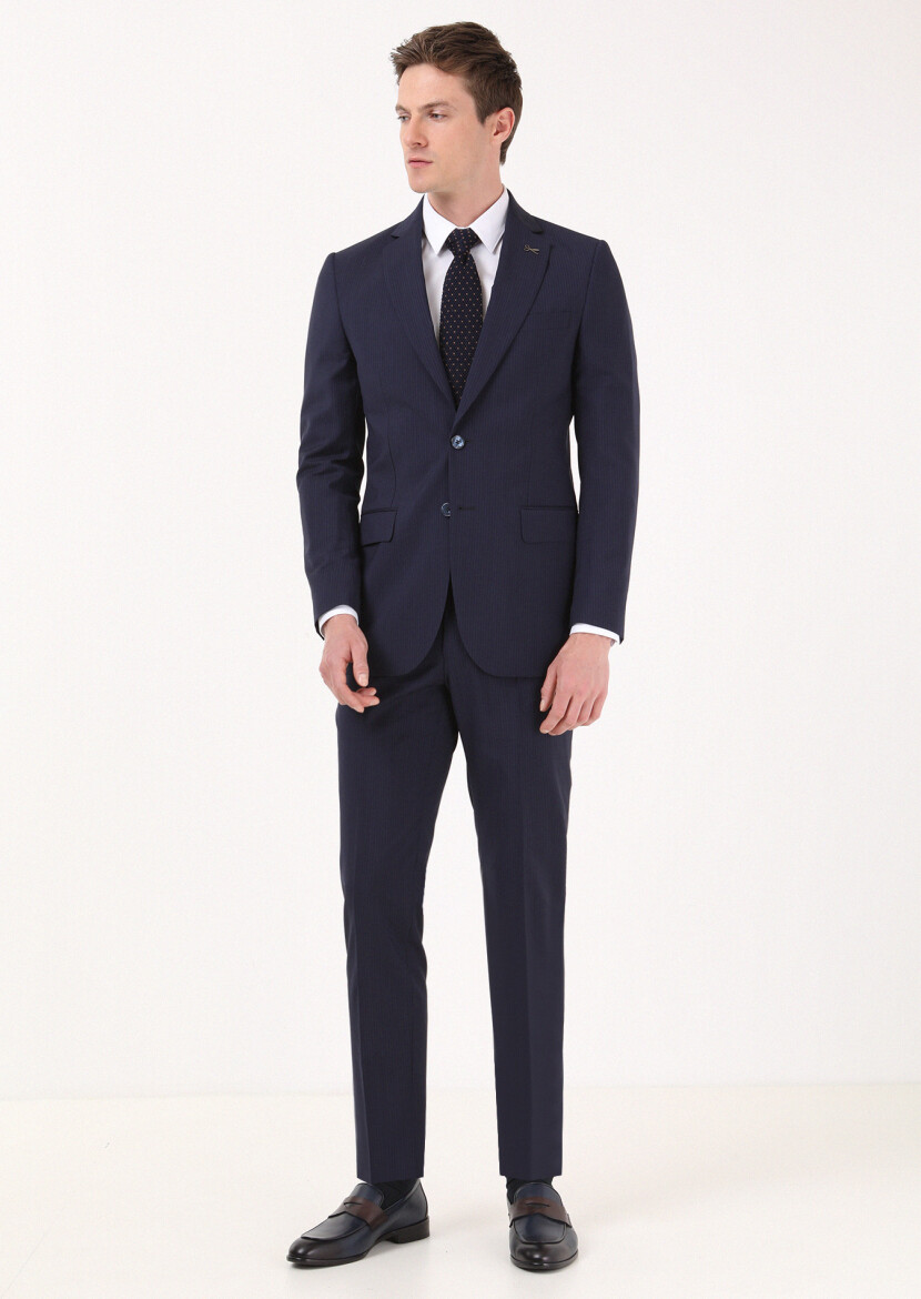 Navy Blue Striped Thin&Taller Slim Fit 100% Wool Suit - 3