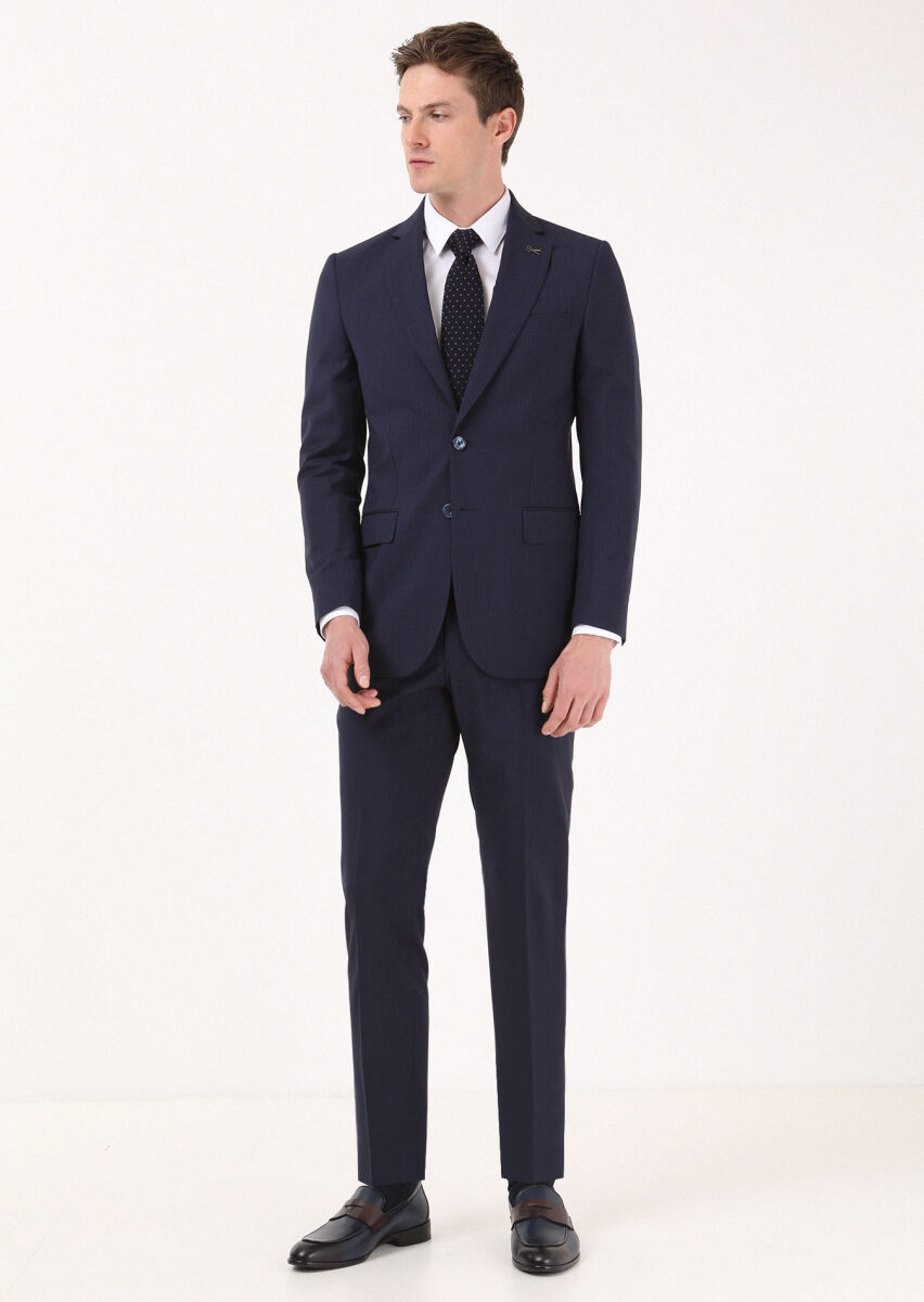 Navy Blue Striped Thin&Taller Slim Fit 100% Wool Suit - 3
