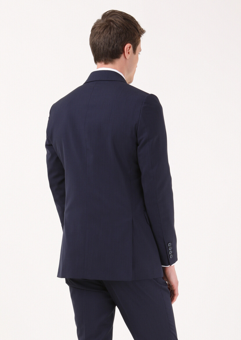 Navy Blue Striped Thin&Taller Slim Fit 100% Wool Suit - 4