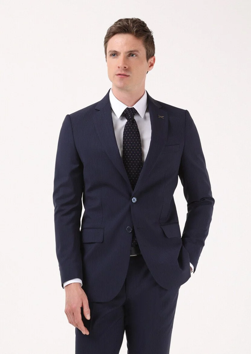 Navy Blue Striped Thin&Taller Slim Fit 100% Wool Suit - 1