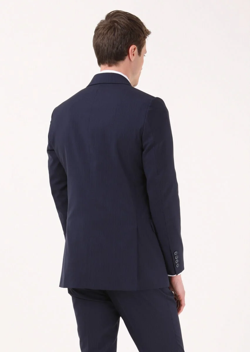 Navy Blue Striped Thin&Taller Slim Fit 100% Wool Suit - 4