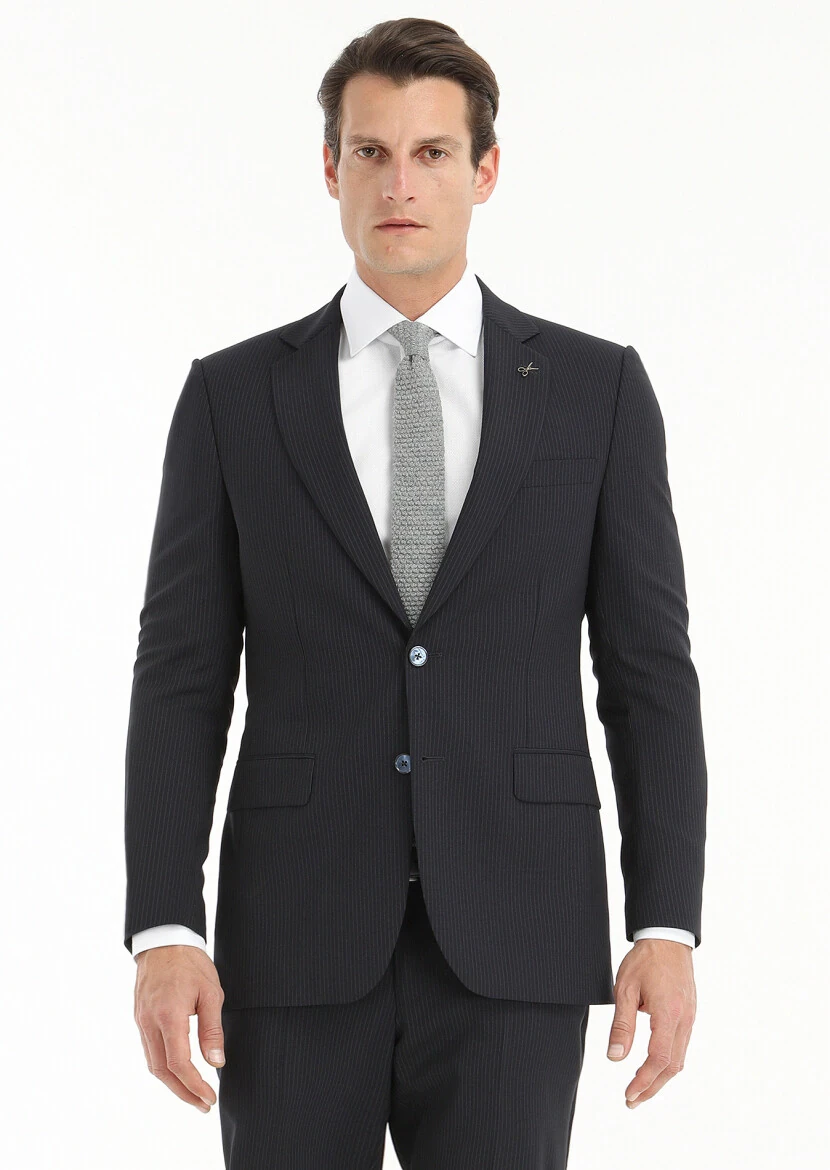 Navy Blue Striped Thin&Taller Slim Fit 100% Wool Suit - 2