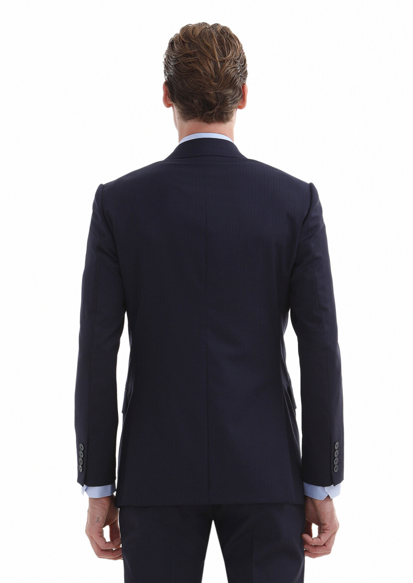 Navy Blue Striped Thin&Taller Slim Fit 100% Wool Suit - 4