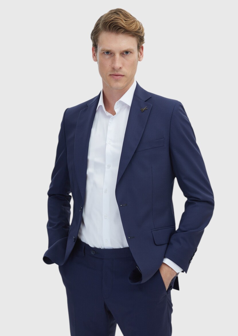 Navy Blue Striped Thin&Taller Slim Fit 100% Wool Suit - 3