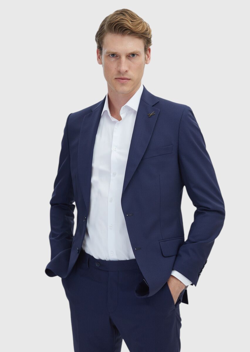Navy Blue Striped Thin&Taller Slim Fit 100% Wool Suit - 3