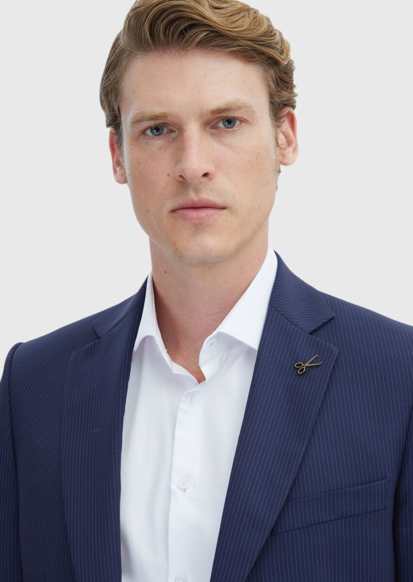 Navy Blue Striped Thin&Taller Slim Fit 100% Wool Suit - 4