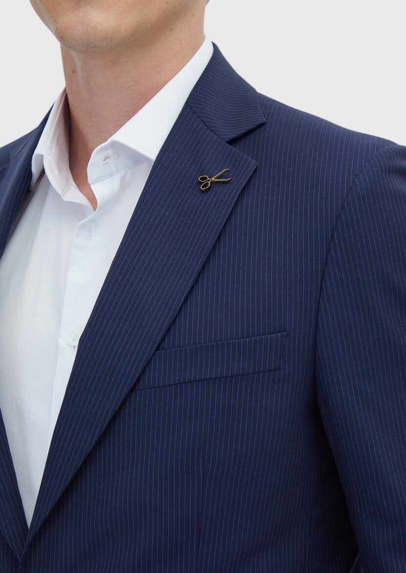 Navy Blue Striped Thin&Taller Slim Fit 100% Wool Suit - 5