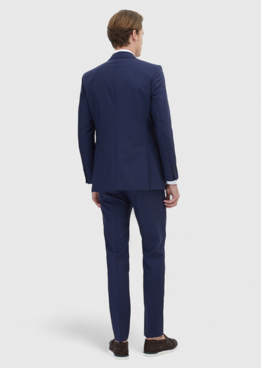 Navy Blue Striped Thin&Taller Slim Fit 100% Wool Suit - 6