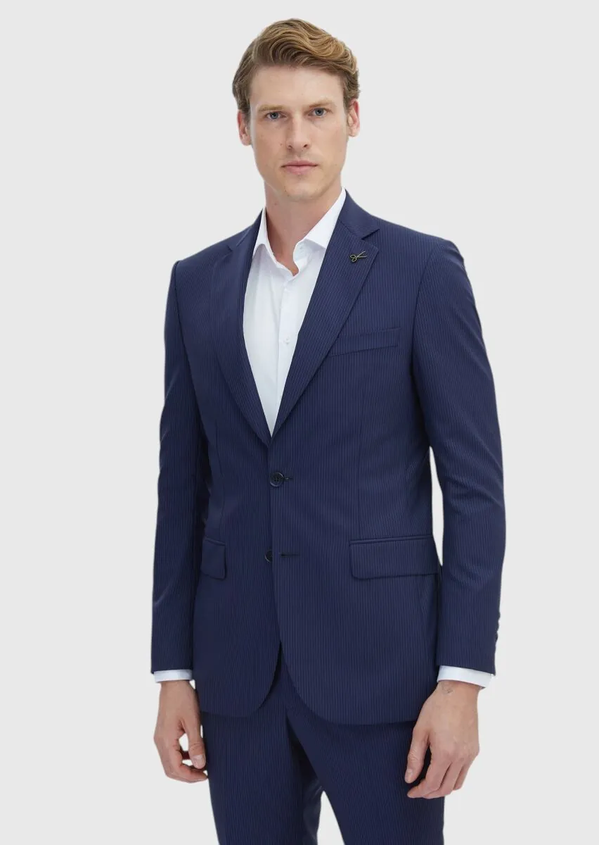 Navy Blue Striped Thin&Taller Slim Fit 100% Wool Suit - 1