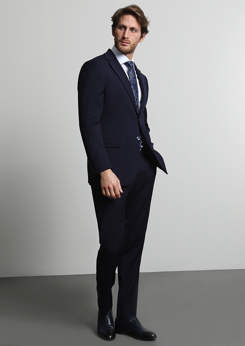 Navy Blue Striped Thin&Taller Slim Fit Wool Blended Suit 