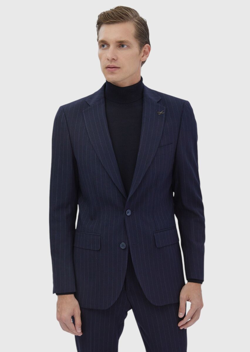 Navy Blue Striped Thin&Taller Slim Fit Wool Blended Suit - 1