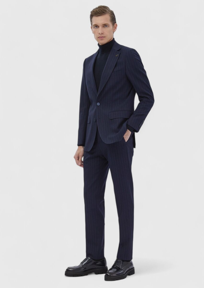 Navy Blue Striped Thin&Taller Slim Fit Wool Blended Suit - 2