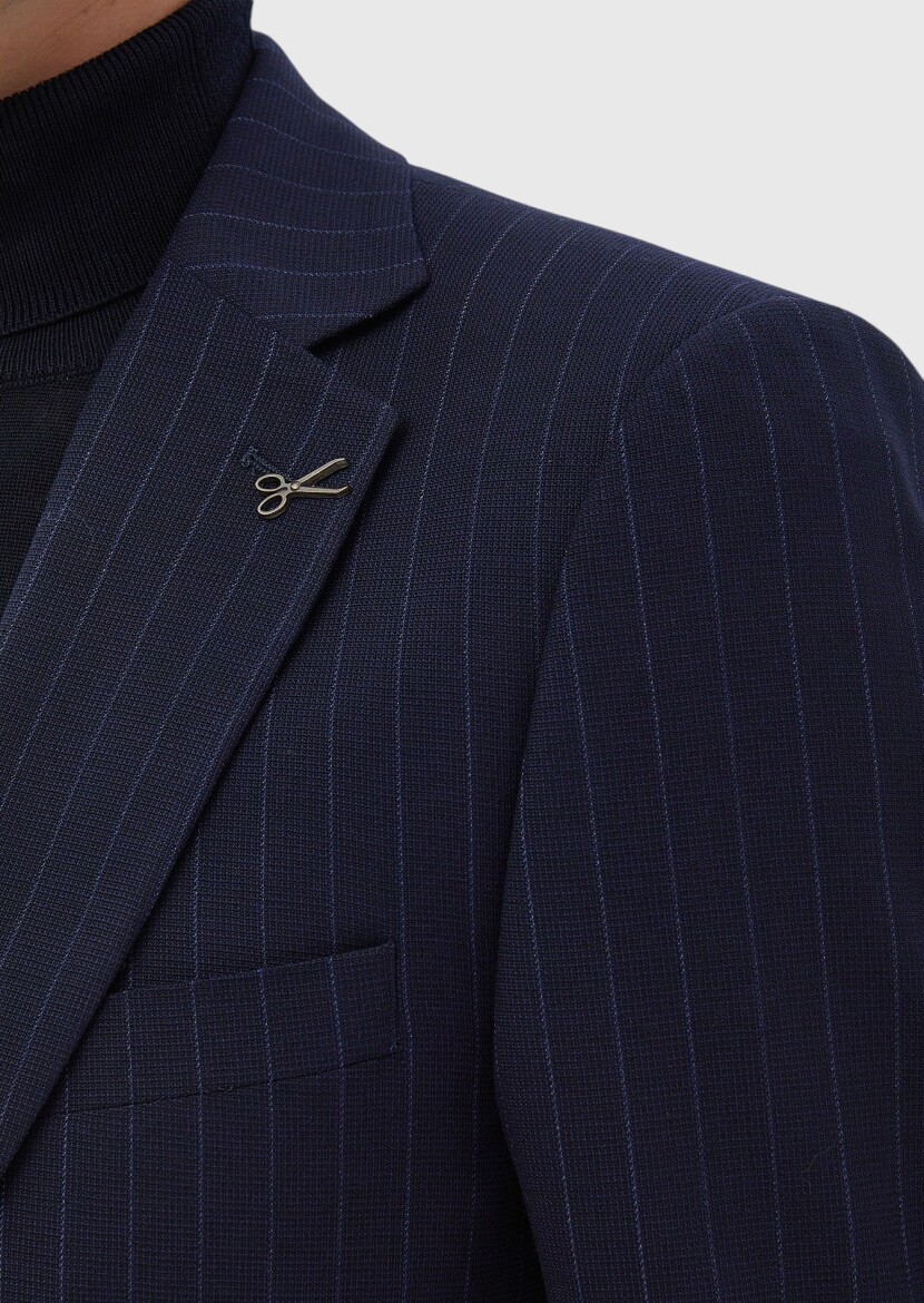 Navy Blue Striped Thin&Taller Slim Fit Wool Blended Suit - 5