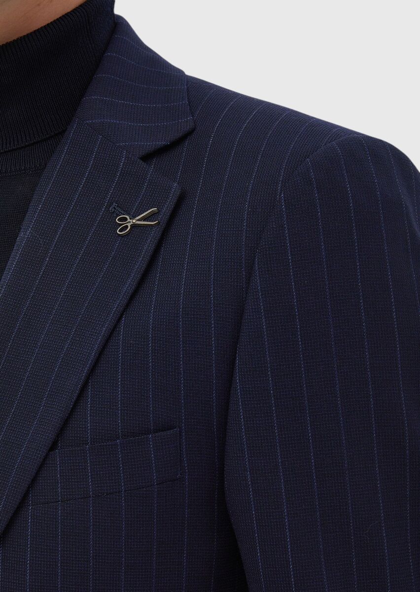 Navy Blue Striped Thin&Taller Slim Fit Wool Blended Suit - 5