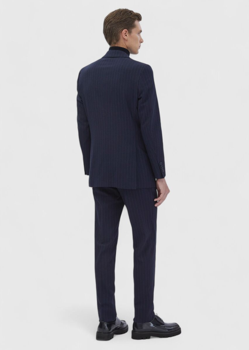 Navy Blue Striped Thin&Taller Slim Fit Wool Blended Suit - 6